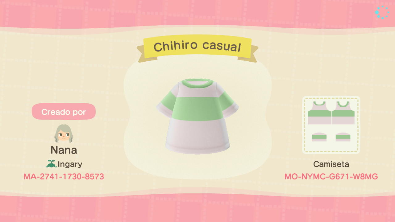 Animal Crossing Design Code: MO-NYMC-G671-W8MG Chihiro casual