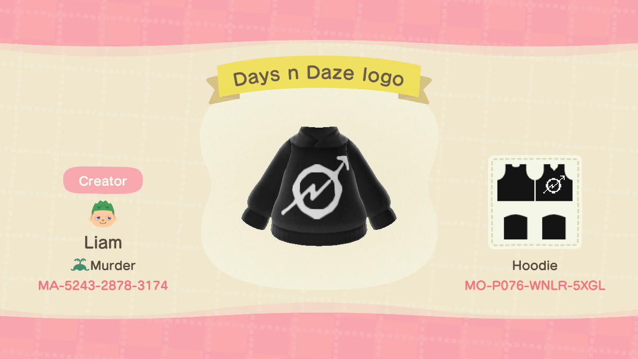 Animal Crossing Design Code: MO-P076-WNLR-5XGL Days N Daze Hoodie