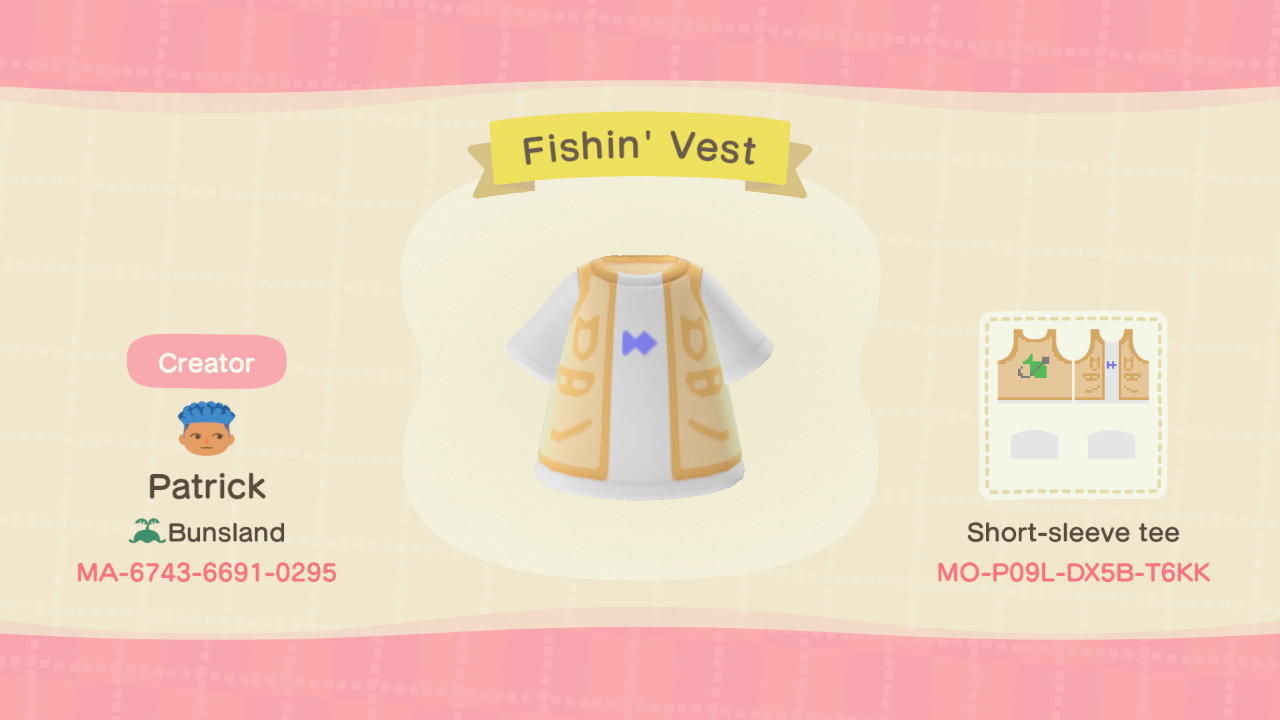 Animal Crossing Design Code: MO-P09L-DX5B-T6KK Fishin&#39; Vest