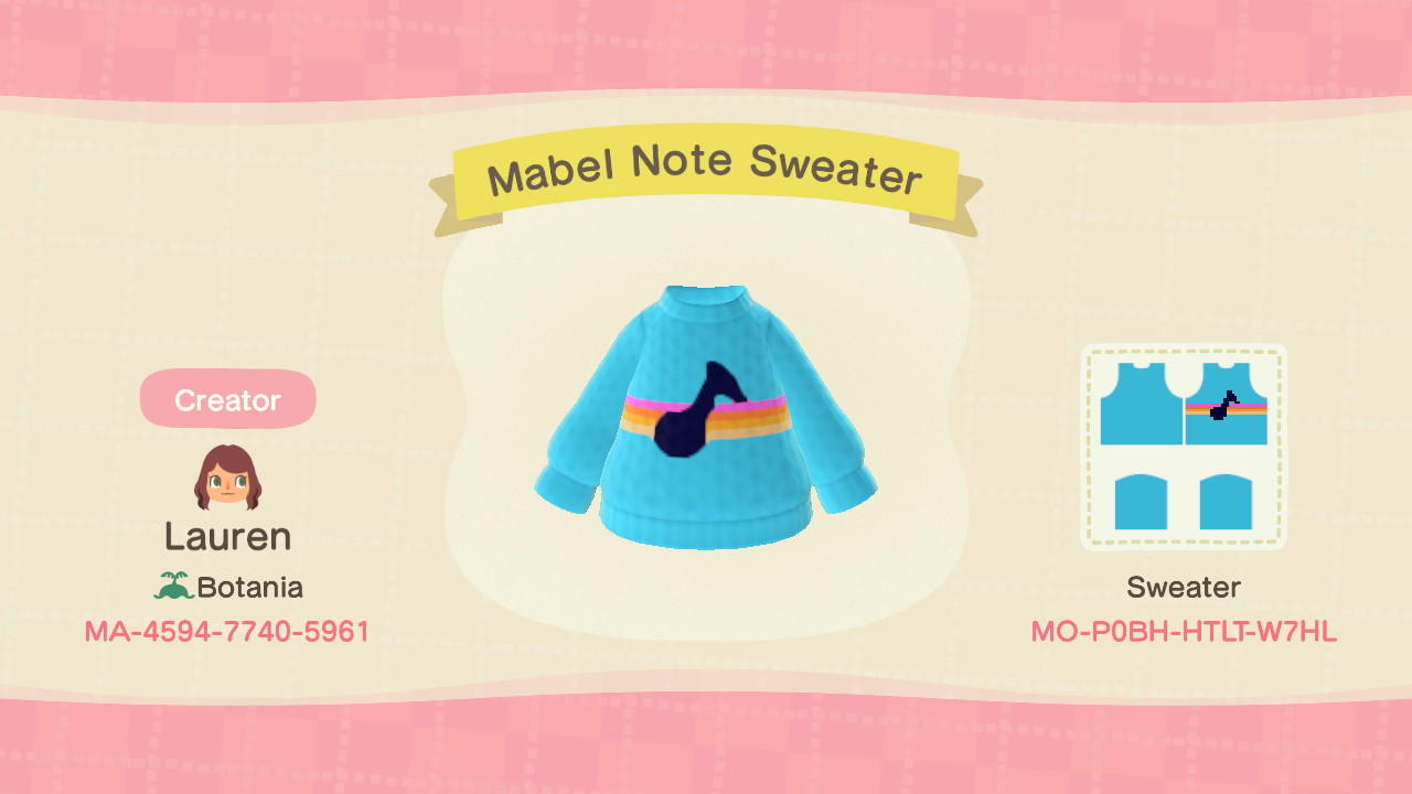 Animal Crossing Design Code: MO-P0BH-HTLT-W7HL Mabel Note Sweater