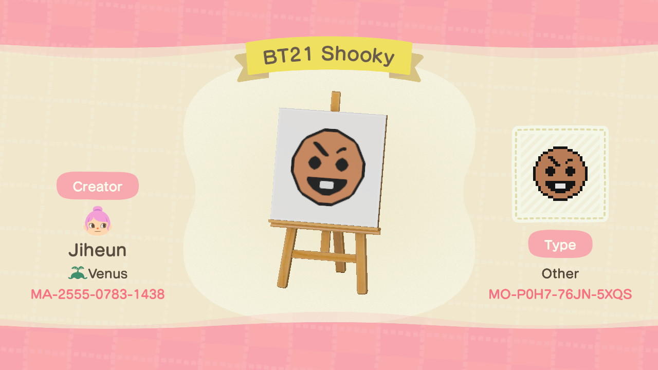Animal Crossing Design Code: MO-P0H7-76JN-5XQS BT21 Shooky