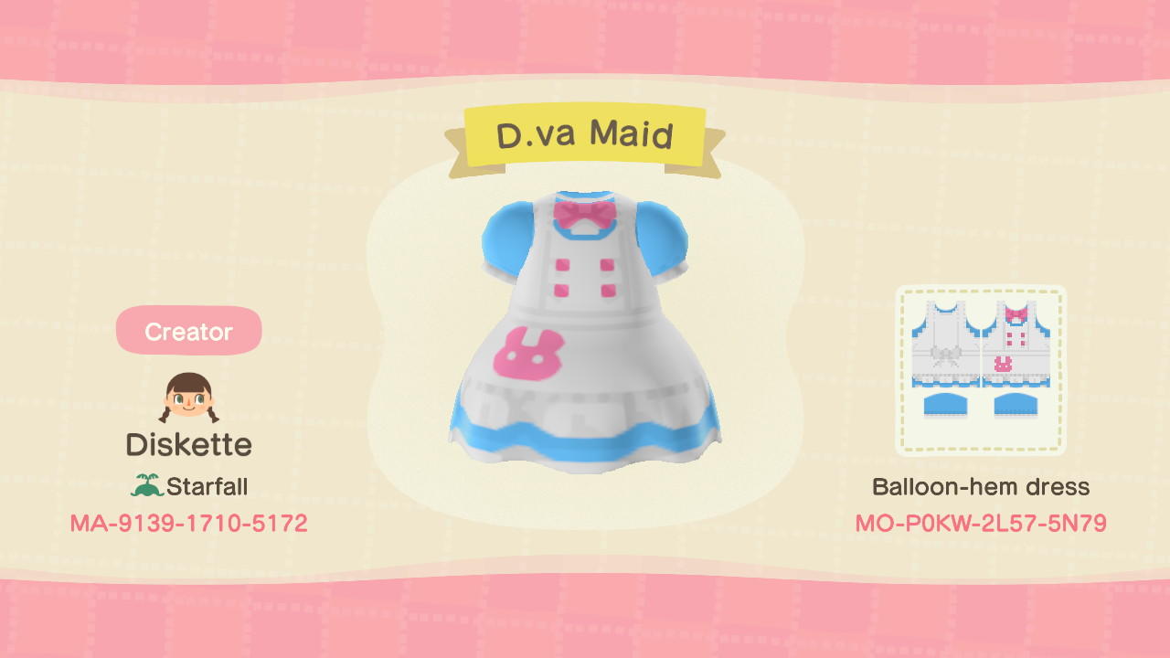 Animal Crossing Design Code: MO-P0KW-2L57-5N79 D.va Maid