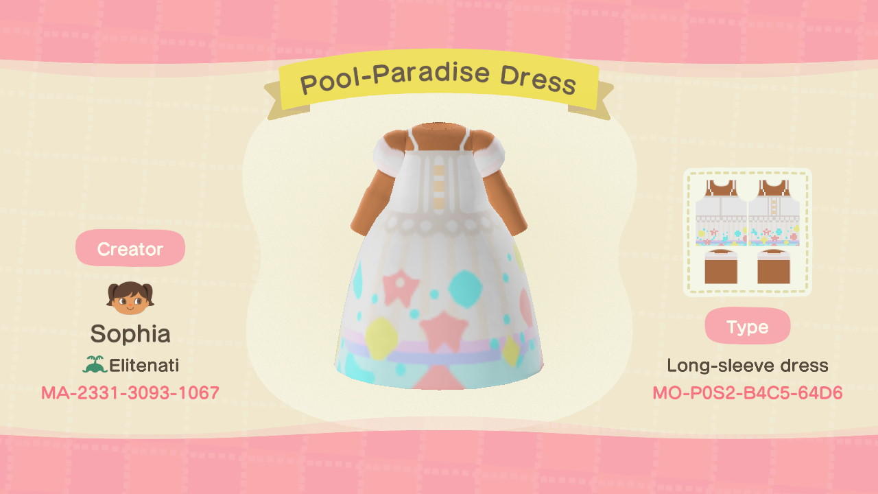 Animal Crossing Design Code: MO-P0S2-B4C5-64D6 Pool-Paradise Dress