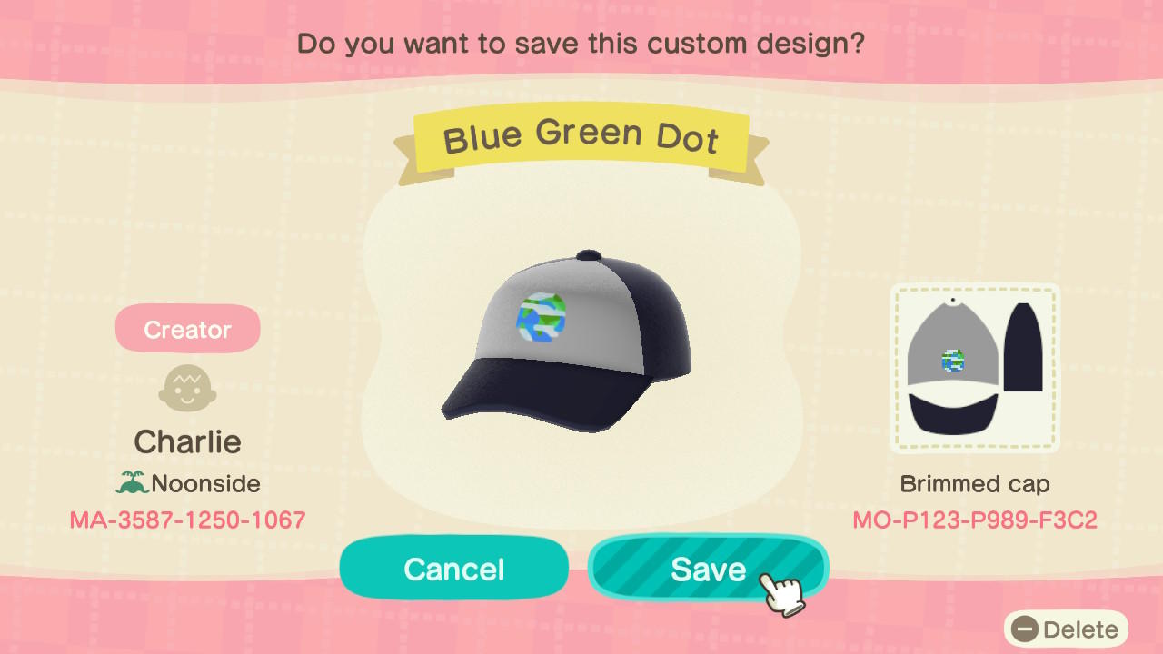 Animal Crossing Design Code: MO-P123-P989-F3C2 Blue/Green Dot Cap