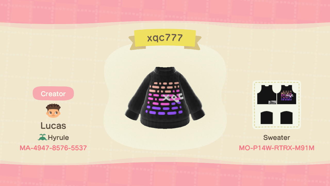 Animal Crossing Design Code: MO-P14W-RTRX-M91M xQc Twitch Streamer