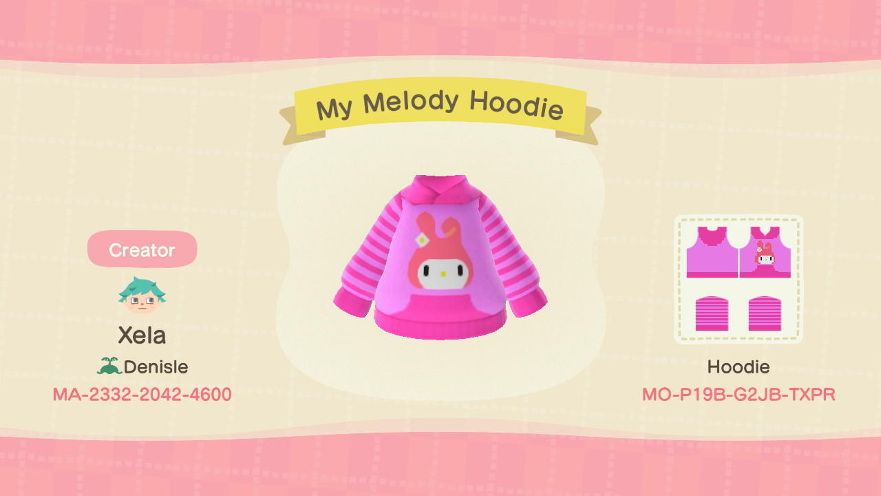 Animal Crossing Design Code: MO-P19B-G2JB-TXPR My Melody Hoodie