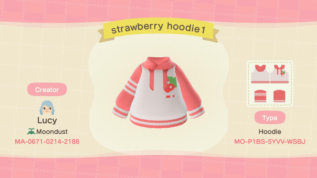 Animal Crossing Design Code: MO-P1BS-5YVV-WSBJ strawberry hoodie