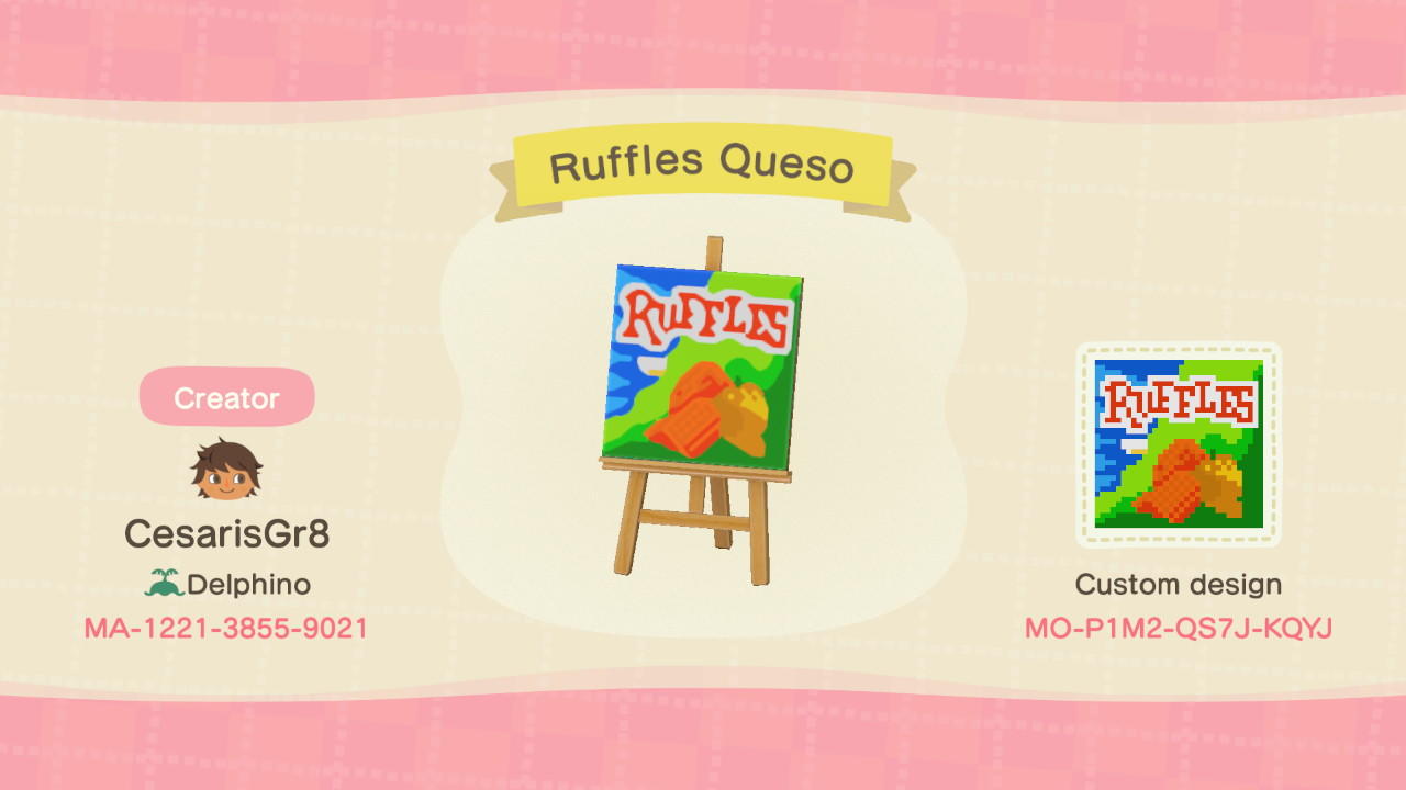 Animal Crossing Design Code: MO-P1M2-QS7J-KQYJ Ruffles Queso