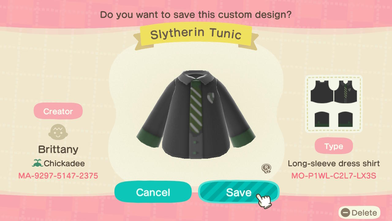 Animal Crossing Design Code: MO-P1WL-C2L7-LX35 Slytherin Tunic
