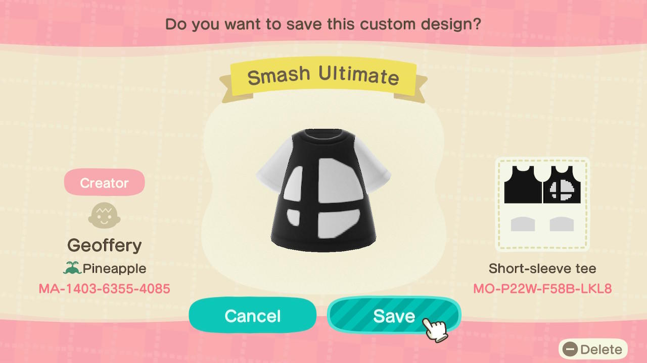 Animal Crossing Design Code: MO-P22W-F58B-LKL8 Smash Ultimate