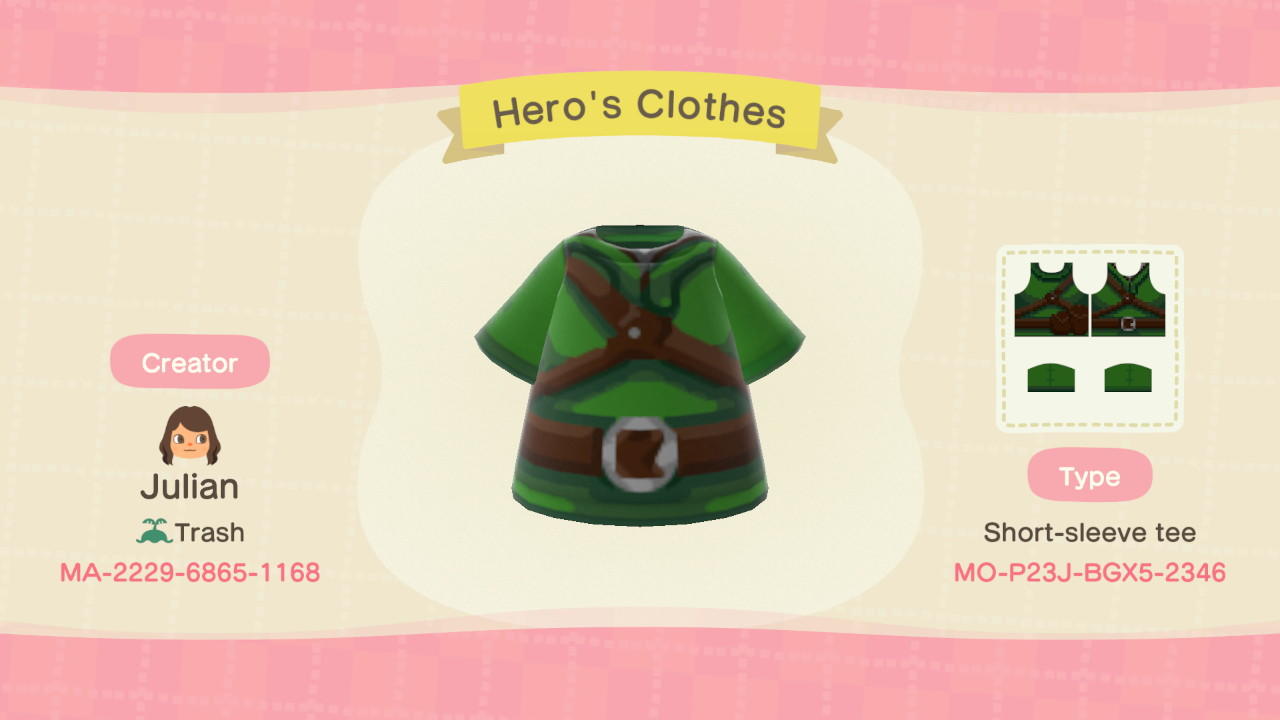 Animal Crossing Design Code: MO-P23J-BGX5-2346 Hero's Clothes
