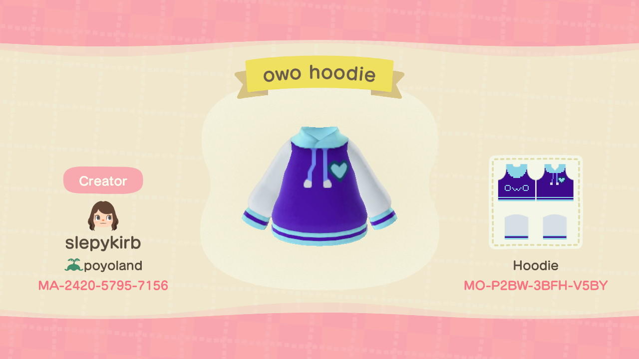 Animal Crossing Design Code: MO-P2BW-3BFH-V5BY owo hoodie
