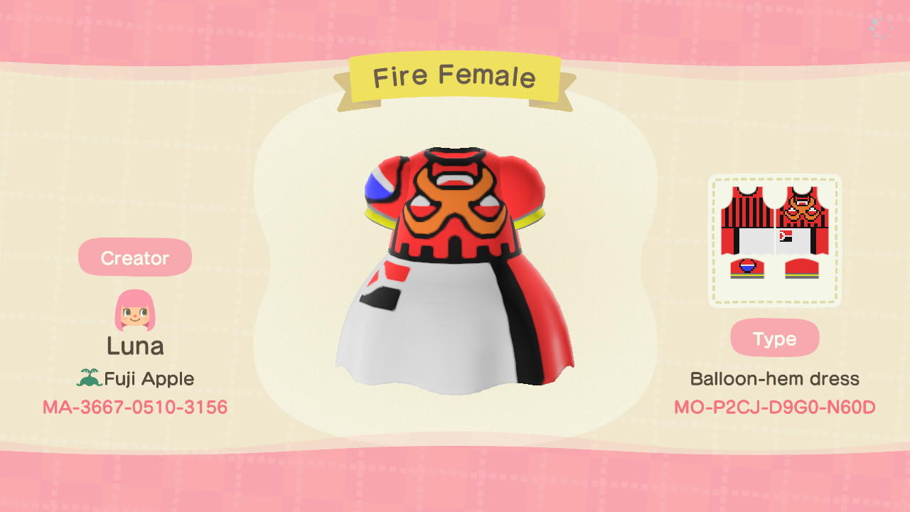 Animal Crossing Design Code: MO-P2CJ-D9G0-N60D Fire Female