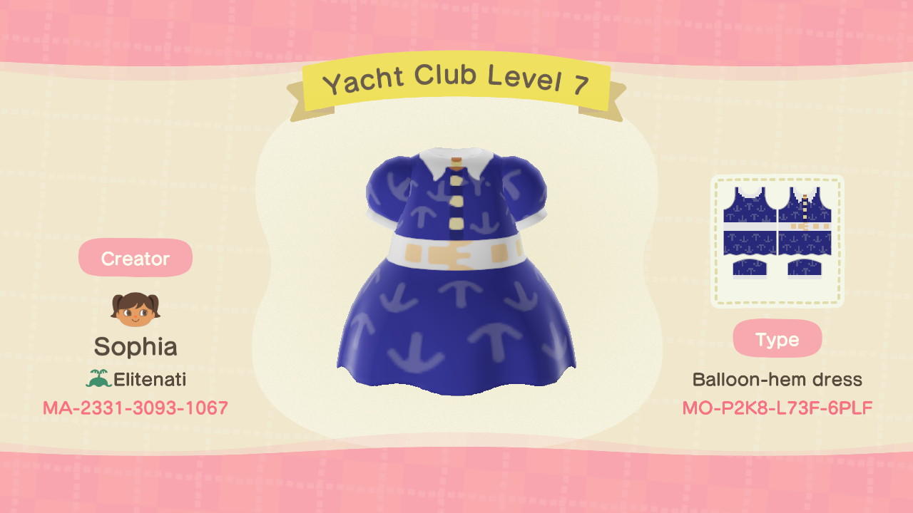 Animal Crossing Design Code: MO-P2K8-L73F-6PLF Yacht Club Level 7