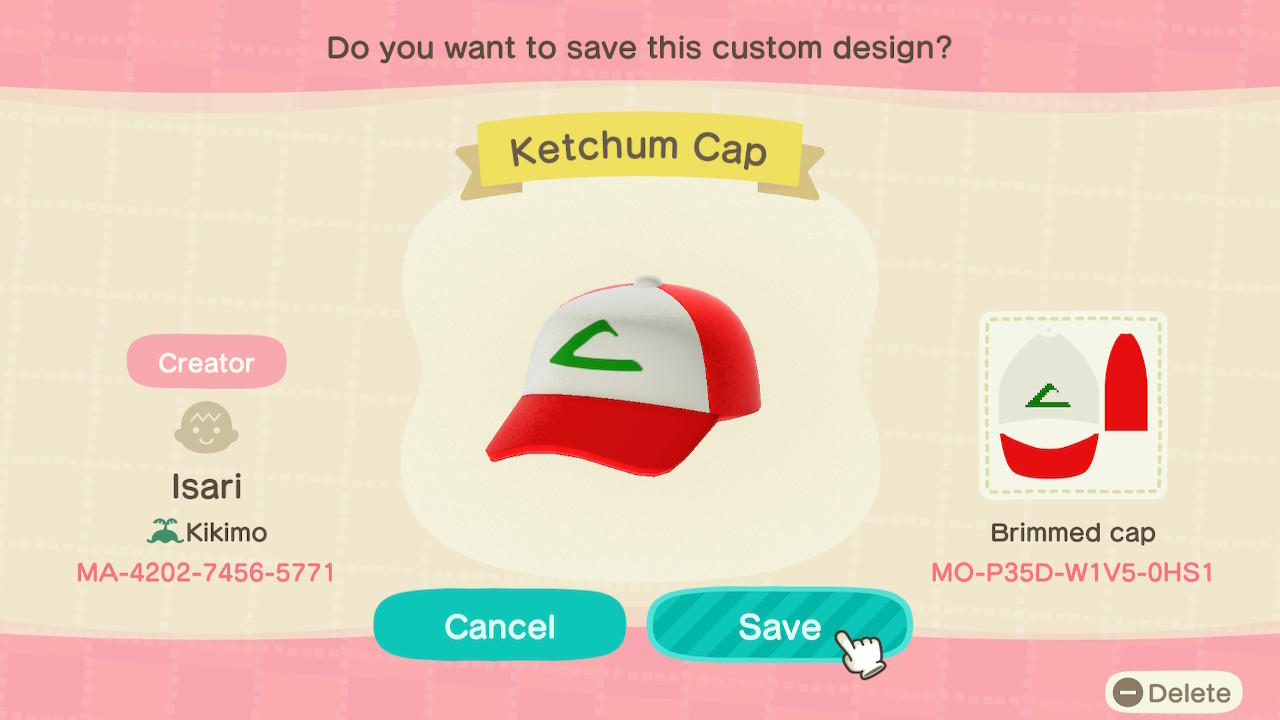 Animal Crossing Design Code: MO-P35D-W1V5-0HS1 Ketchum Cap