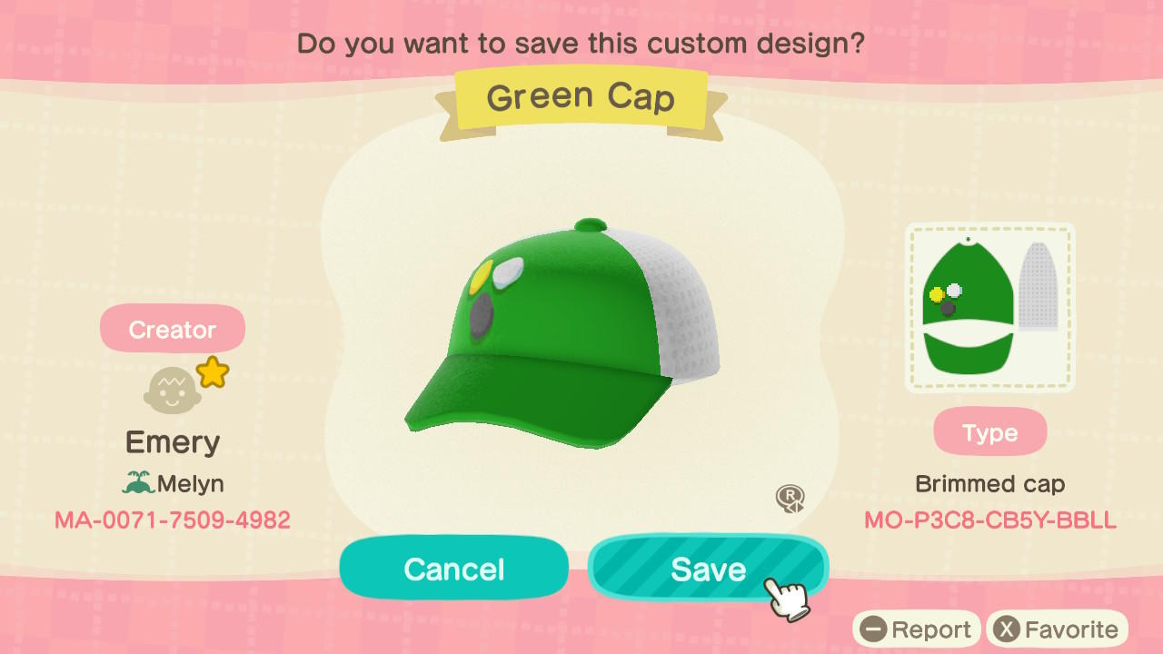 Animal Crossing Design Code: MO-P3C8-CB5Y-BBLL Green Cap