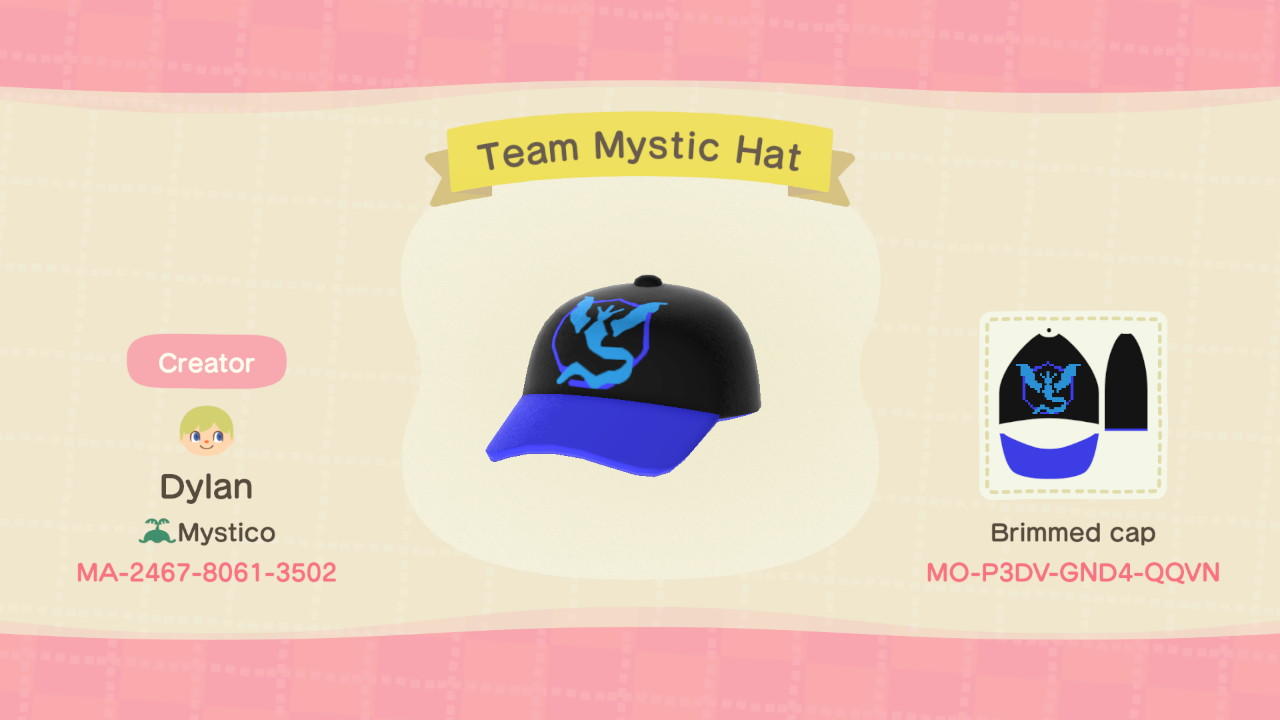 Animal Crossing Design Code: MO-P3DV-GND4-QQVN Team Mystic Hat