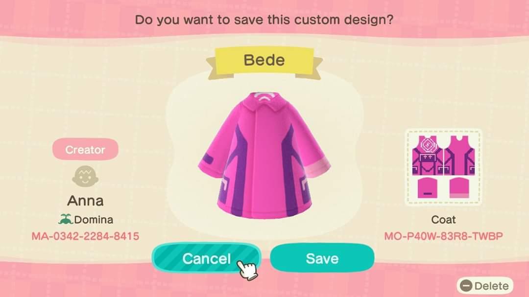 Animal Crossing Design Code: MO-P40W-83R8-TWBP Bede