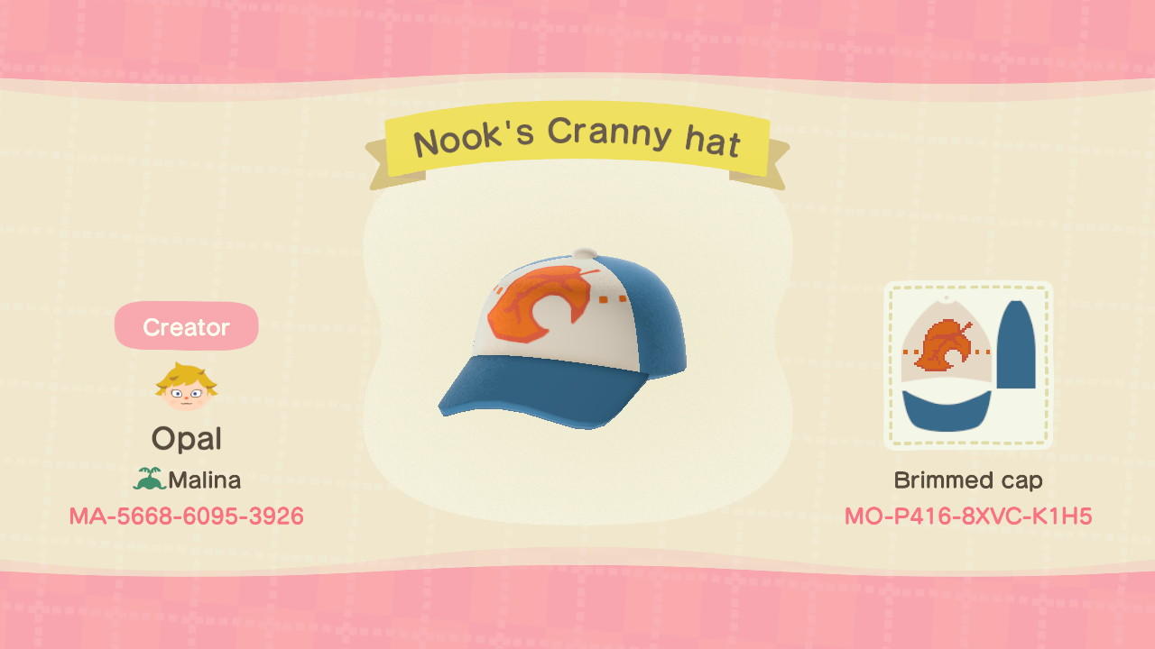 Animal Crossing Design Code: MO-P416-8XVC-K1H5 Nook's Cranny hat