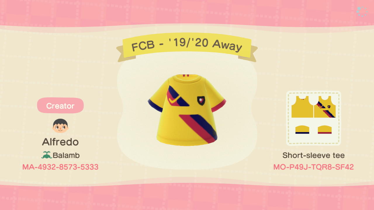 Animal Crossing Design Code: MO-P49J-TQR8-SF42 FCB - 19/20 Away