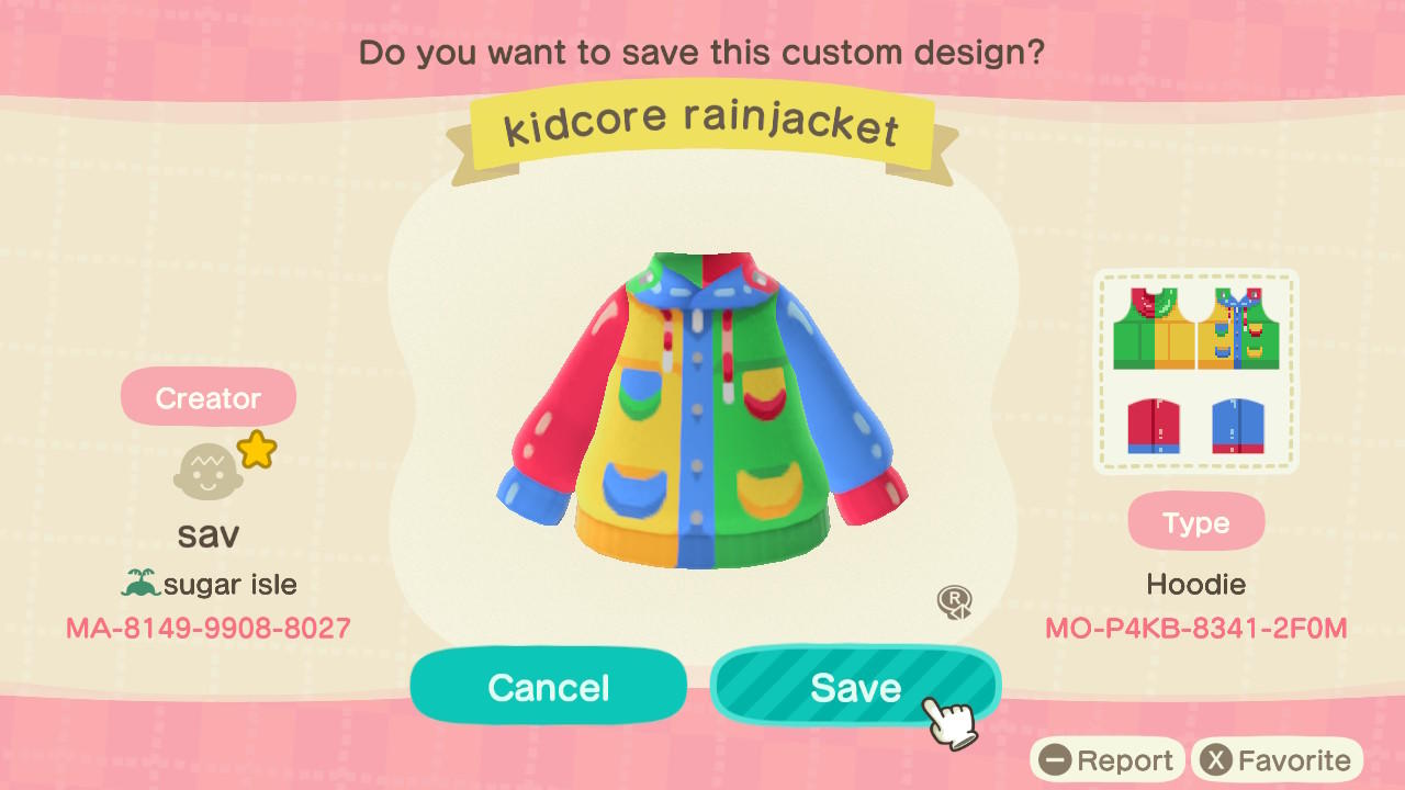 Animal Crossing Design Code: MO-P4KB-8431-2F0M Kidcore Rainjacket