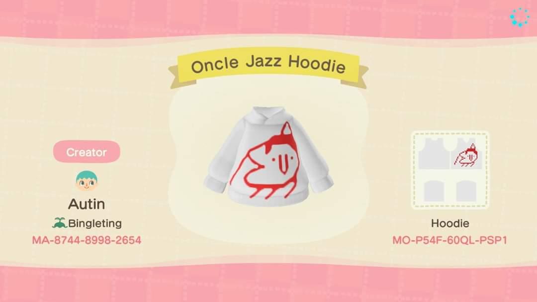 Animal Crossing Design Code: MO-P54F-60QL-PSP1 Oncle Jazz Hoodie