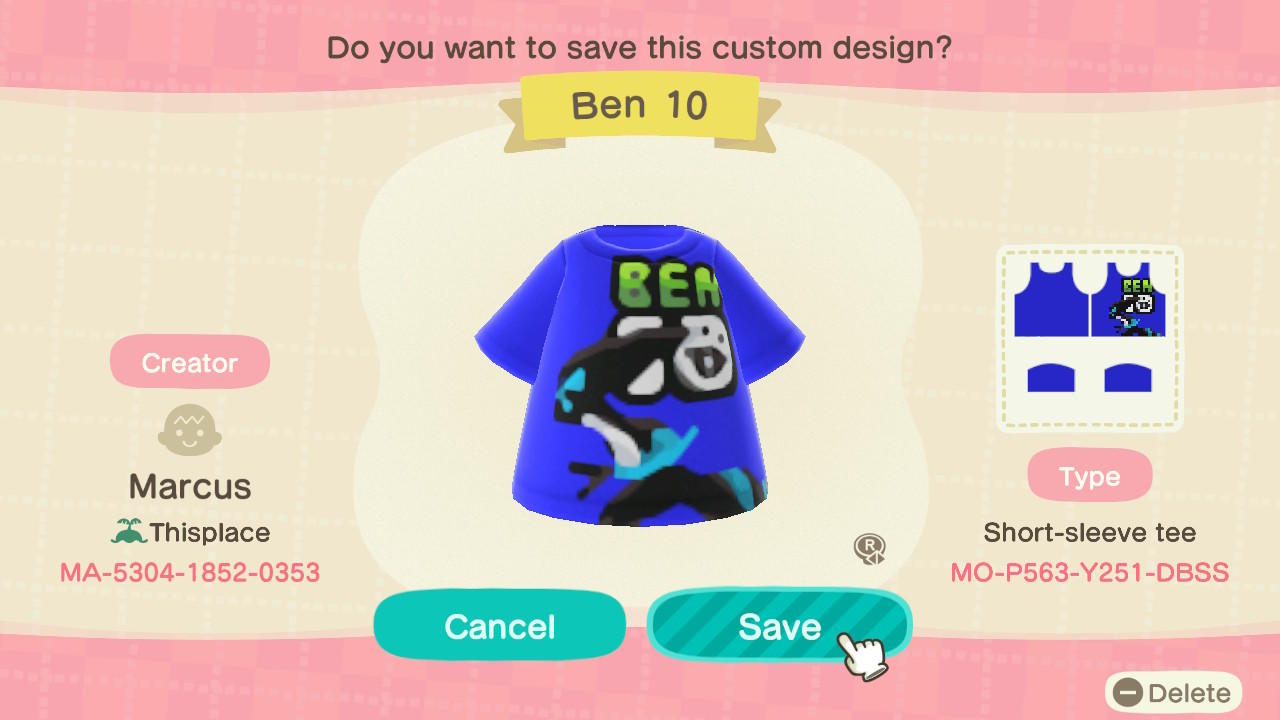 Animal Crossing Design Code: MO-P563-Y251-DBSS Ben 10 XLR8