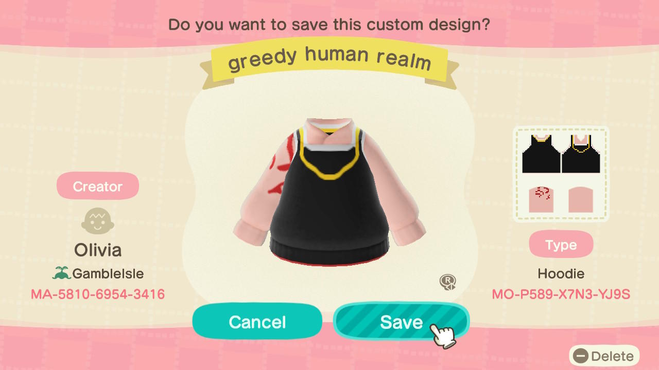 Animal Crossing Design Code: MO-P589-X7N3-YJ9S Greedy human realm