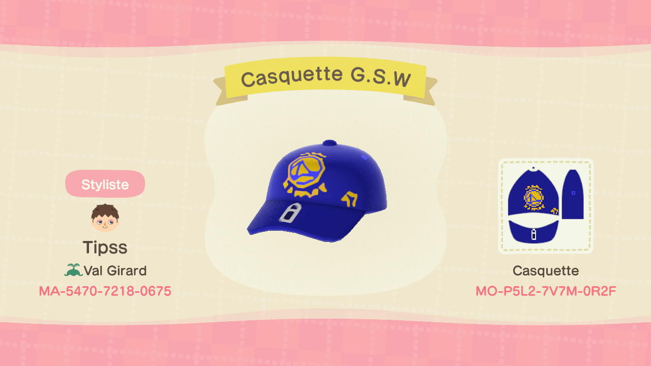 Animal Crossing Design Code: MO-P5L2-7V7M-0R2F Casquette G.S.W