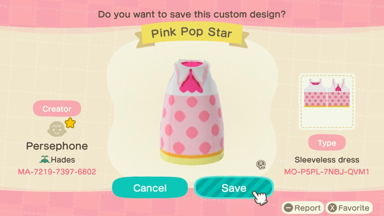 Animal Crossing Design Code: MO-P5PL-7NBJ-QVM1 Pink Pop-Star Dress