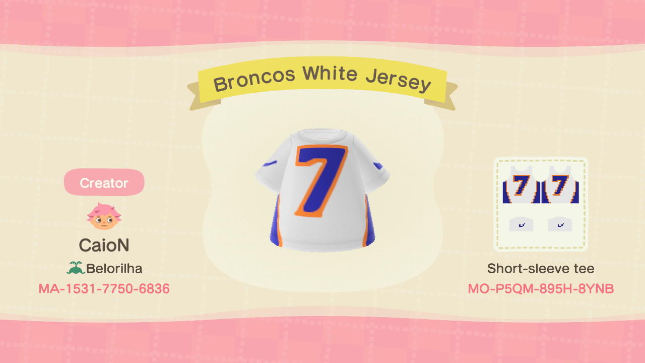 Animal Crossing Design Code: MO-P5QM-895H-8YNB Broncos White Jersey