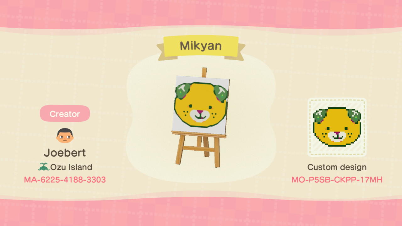Animal Crossing Design Code: MO-P5SB-CKPP-17MH Mikyan