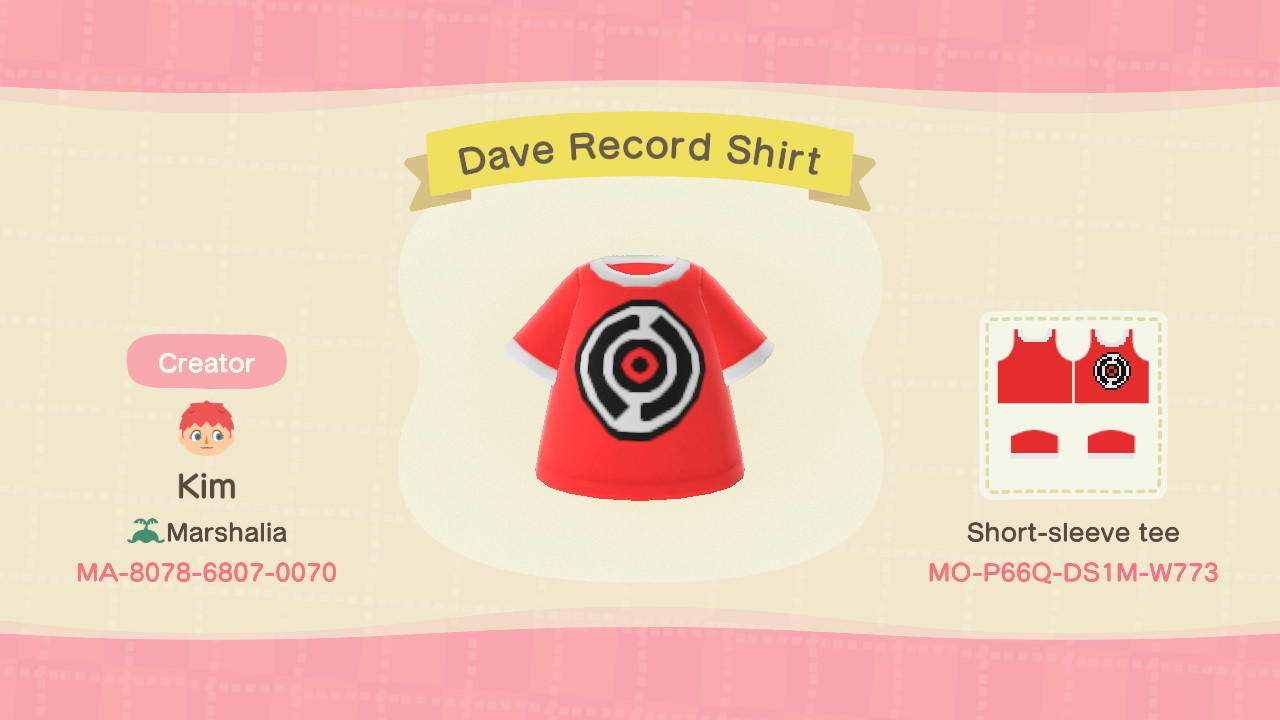 Animal Crossing Design Code: MO-P66Q-DS1M-W773 Dave Record Shirt