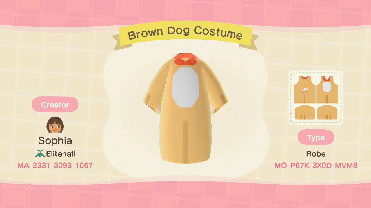 Animal Crossing Design Code: MO-P67K-3X0D-MVM8 Brown Dog Costume