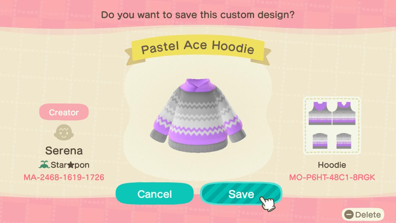 Animal Crossing Design Code: MO-P6HT-48C1-8RGK Pastel Ace Hoodie