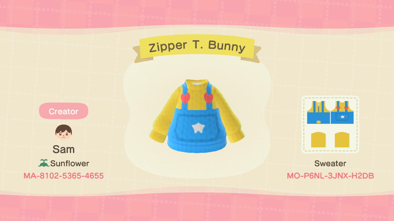 Animal Crossing Design Code: MO-P6NL-3JNX-H2DB Zipper T. Bunny Swea