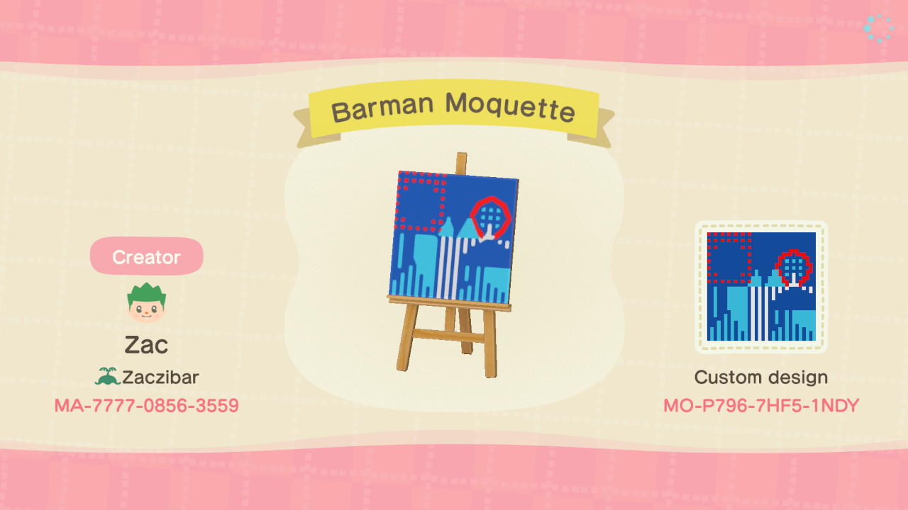 Animal Crossing Design Code: MO-P796-7HF5-1NDY Barman Tube Moquette