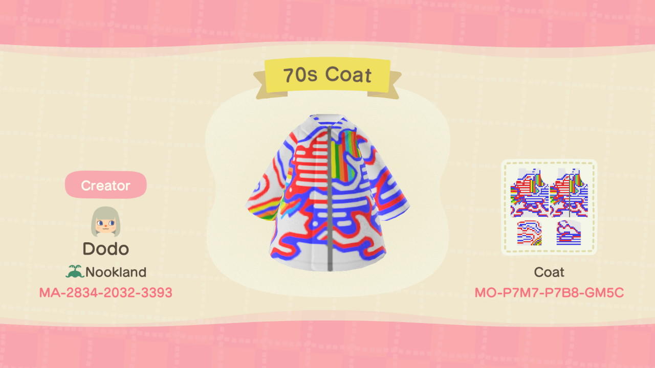 Animal Crossing Design Code: MO-P7M7-P7B8-GM5C 1970s Coat