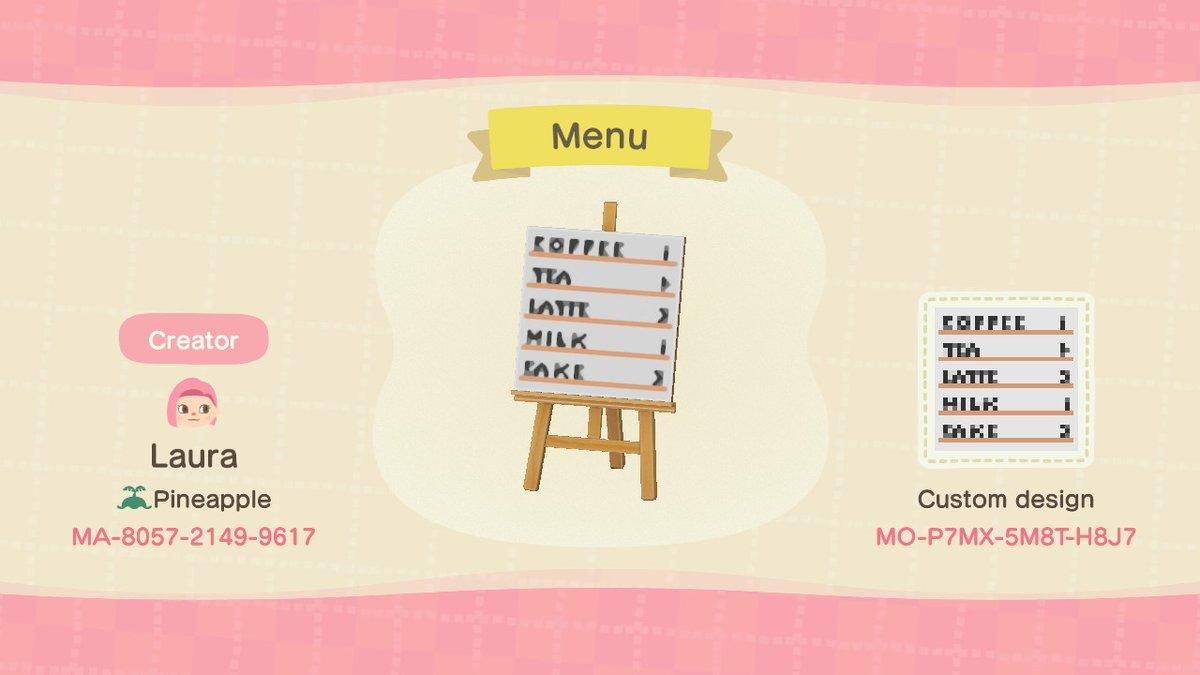 Animal Crossing Design Code: MO-P7MX-5M8T-H8J7 Coffee shop menu