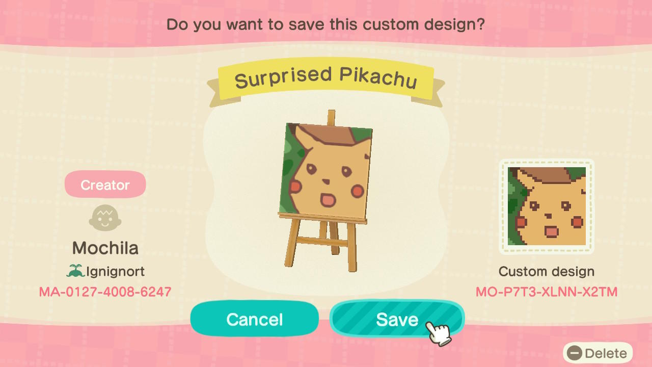 Animal Crossing Design Code: MO-P7T3-XLNN-X2TM Surprised Pikachu