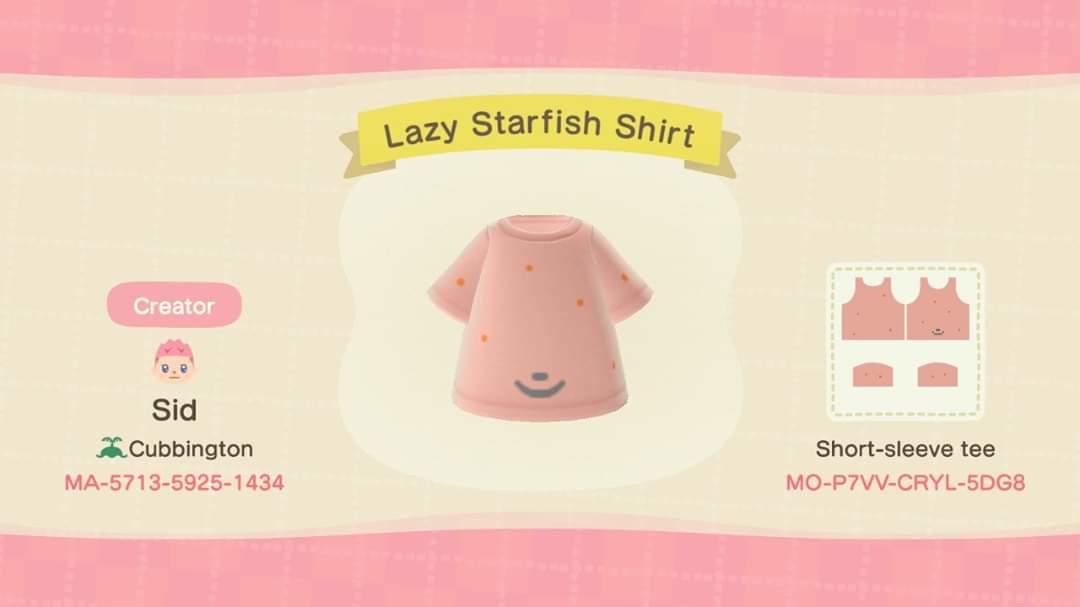 Animal Crossing Design Code: MO-P7VV-CRYL-5DG8 Lazy Starfish Shirt