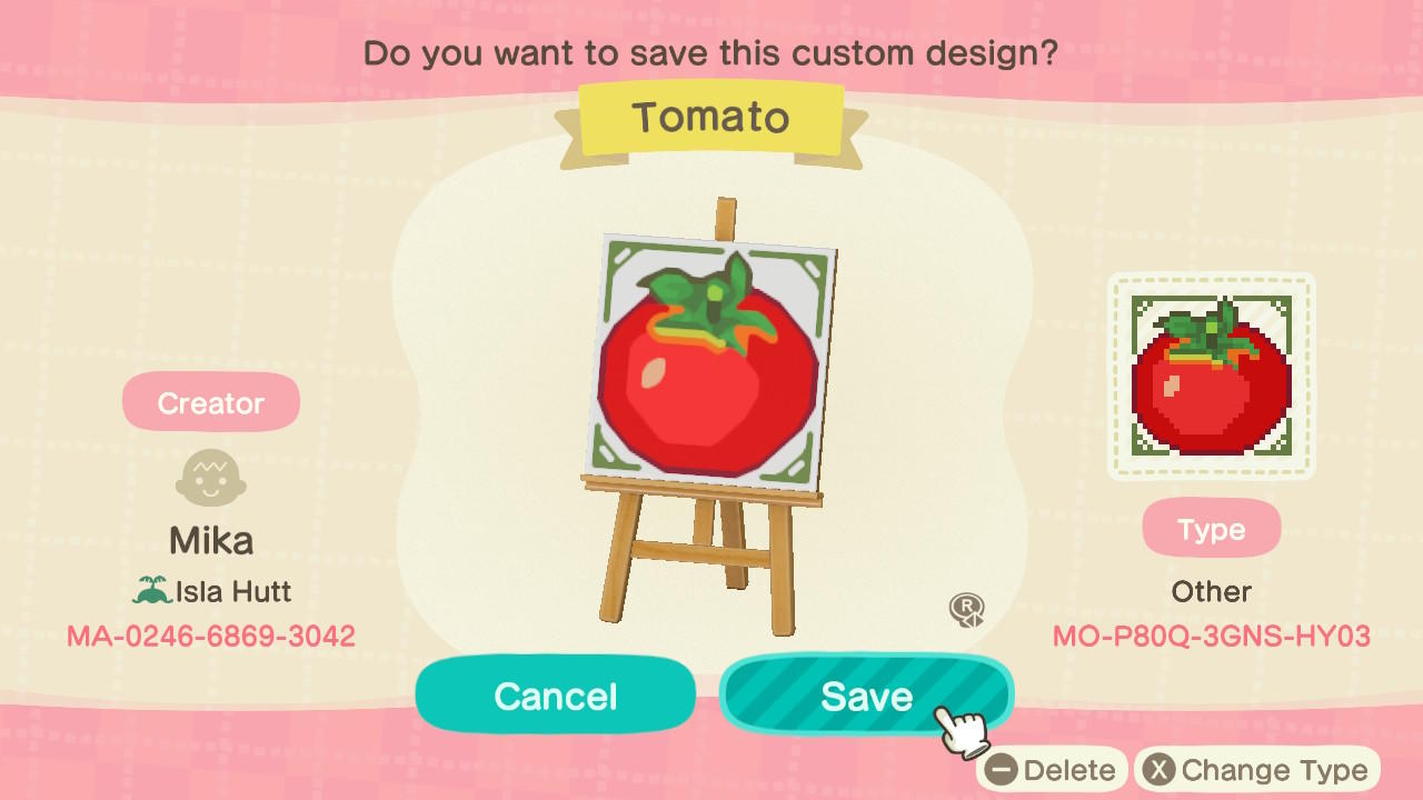 Animal Crossing Design Code: MO-P80Q-3GNS-HY03 Tomato Farm Sign