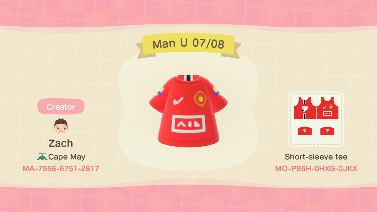 Animal Crossing Design Code: MO-P85H-0HXG-0JKX Man U 07/08 Jersey