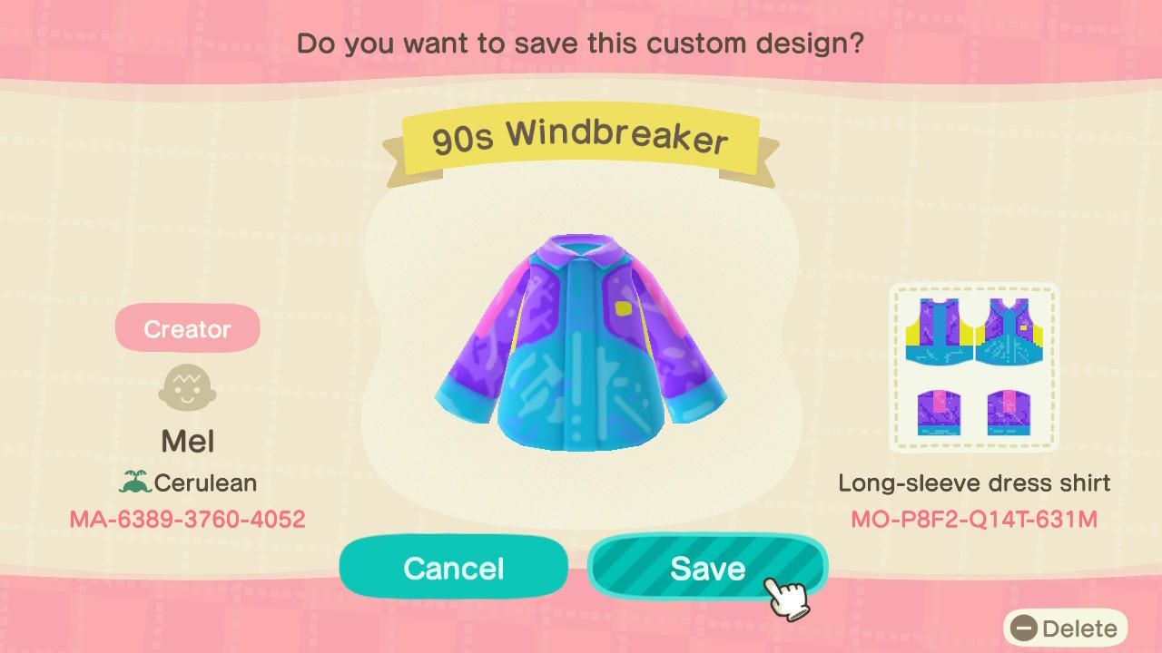 Animal Crossing Design Code: MO-P8F2-Q14T-631M 90s Windbreaker