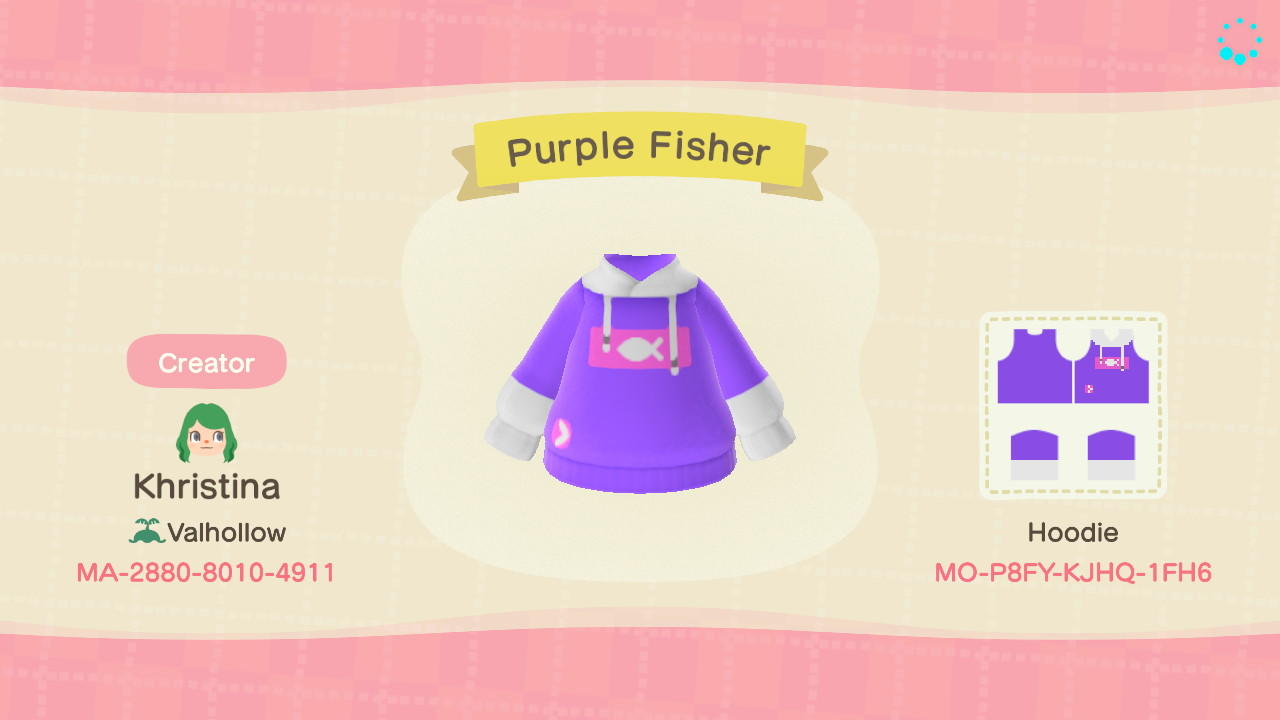 Animal Crossing Design Code: MO-P8FY-KJHQ-1FH6 Purple Fisher