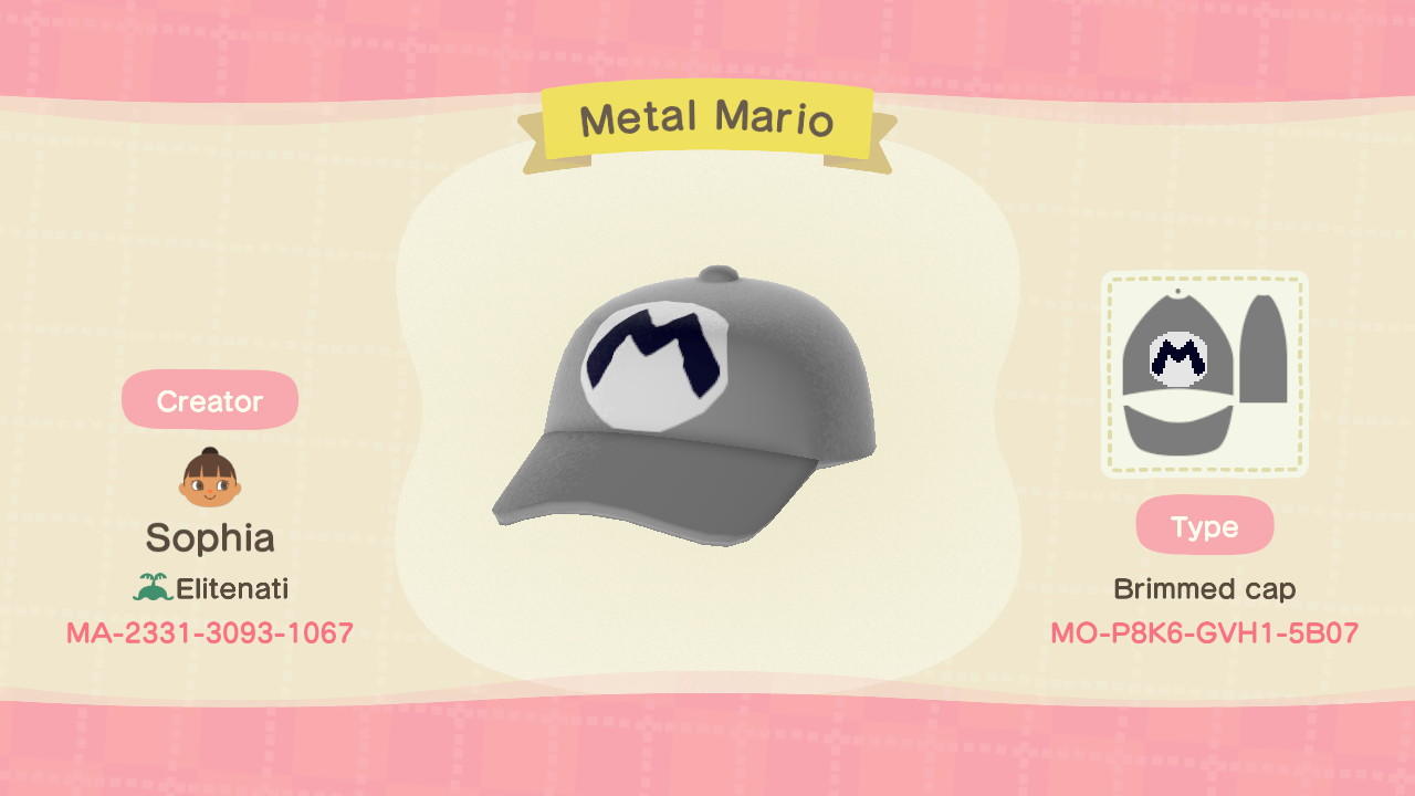 Animal Crossing Design Code: MO-P8K6-GVH1-5B07 Metal Mario