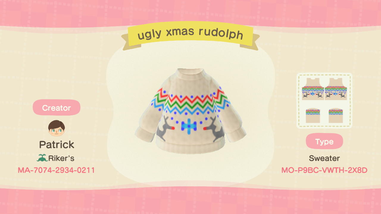 Animal Crossing Design Code: MO-P9BC-VWTH-2X8D ugly xmas rudolph