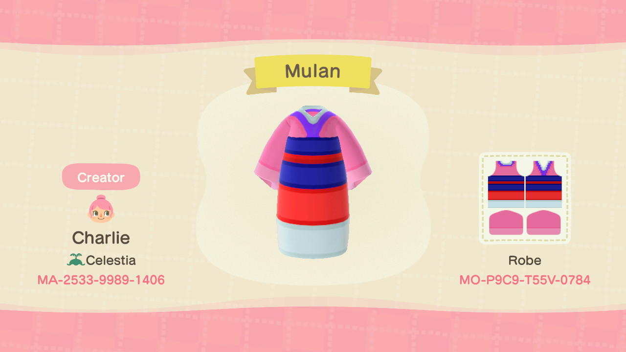 Animal Crossing Design Code: MO-P9C9-T55V-0784 Mulan