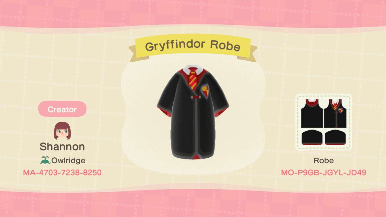 Animal Crossing Design Code: MO-P9GB-JGYL-JD49 Gryffindor Robe