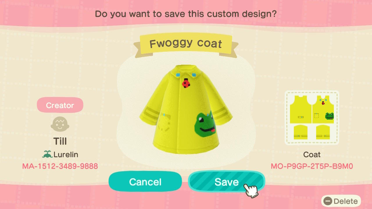 Animal Crossing Design Code: MO-P9GP-2T5P-B9M0 Fwoggy coat